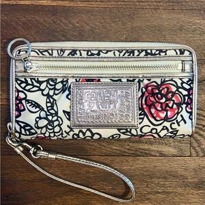 Coach Floral Poppy Wristlet in White with Pink & Black Accents